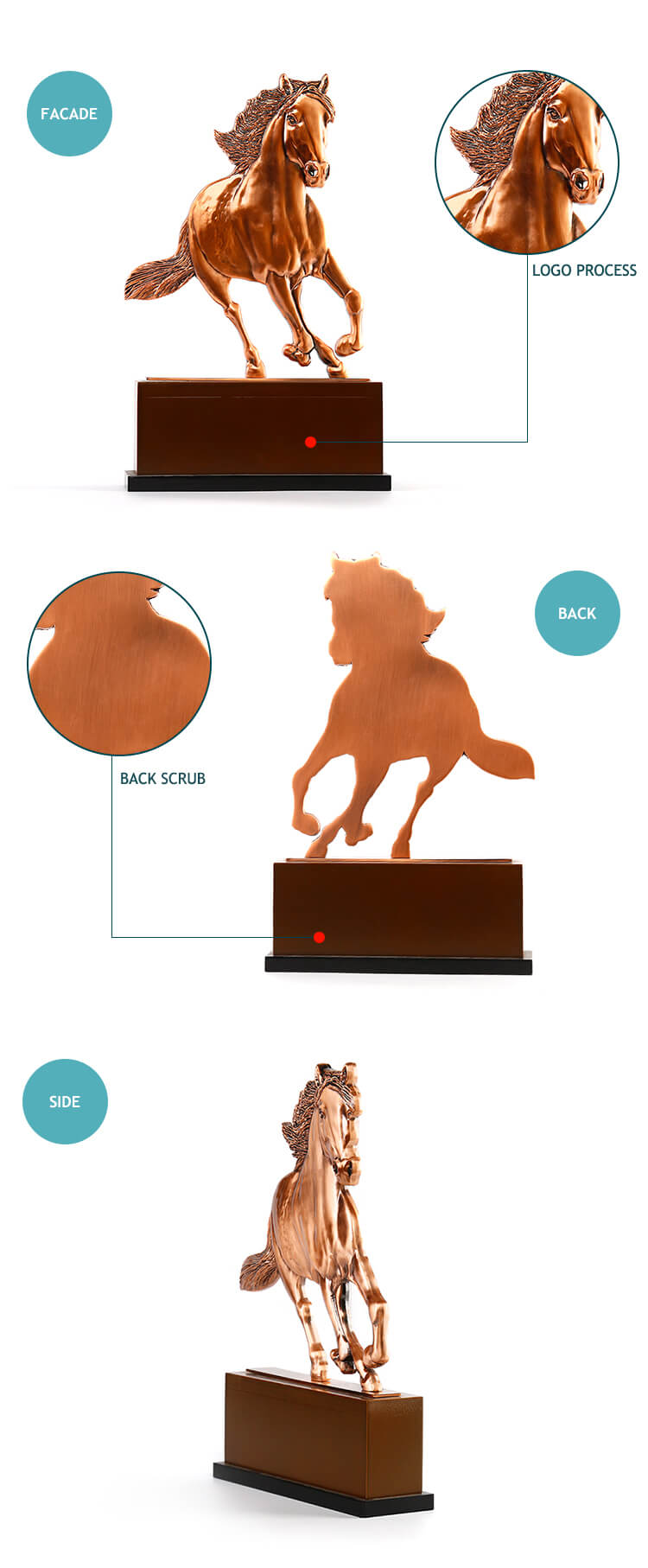 Customized 3D horse shape antique copper plating metal trophy with wooden base