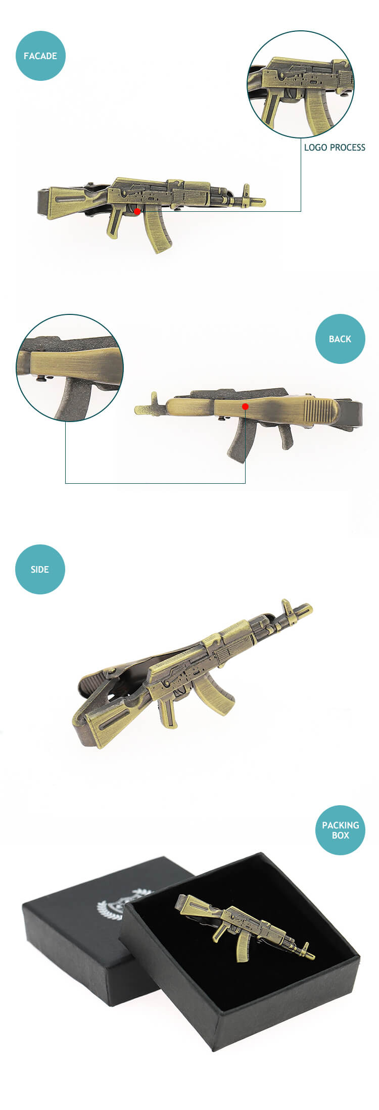 custom metal brass plating gun shape 3d tie clip