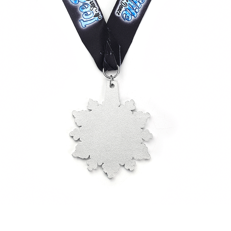 Snowflake - shaped medal for “ICE Elite All Stars”. Blue glitter design, black ribbon.