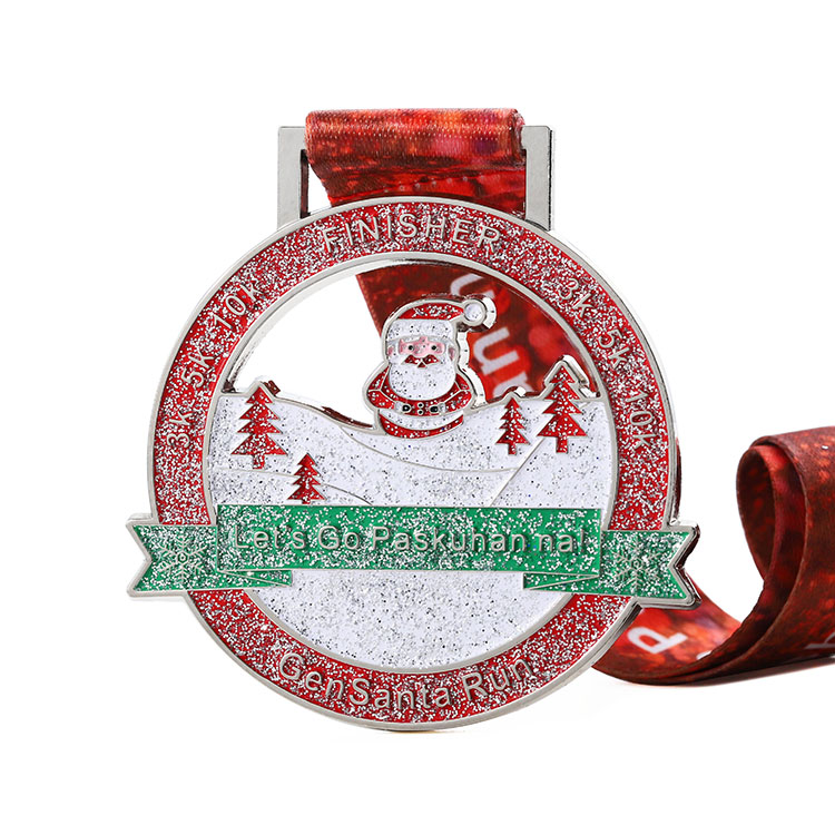 Custom Zinc Alloy Soft Enamel Hollow Shape Design Glitter Metal Santa Souvenir Christmas Medal