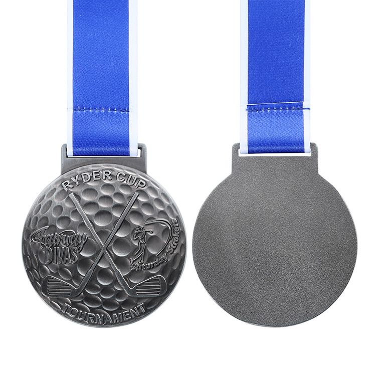 Customizable Low Cost Silver Toned Circular Ryder Cup Golf Medal with Textured Patterns and Blue White Ribbon