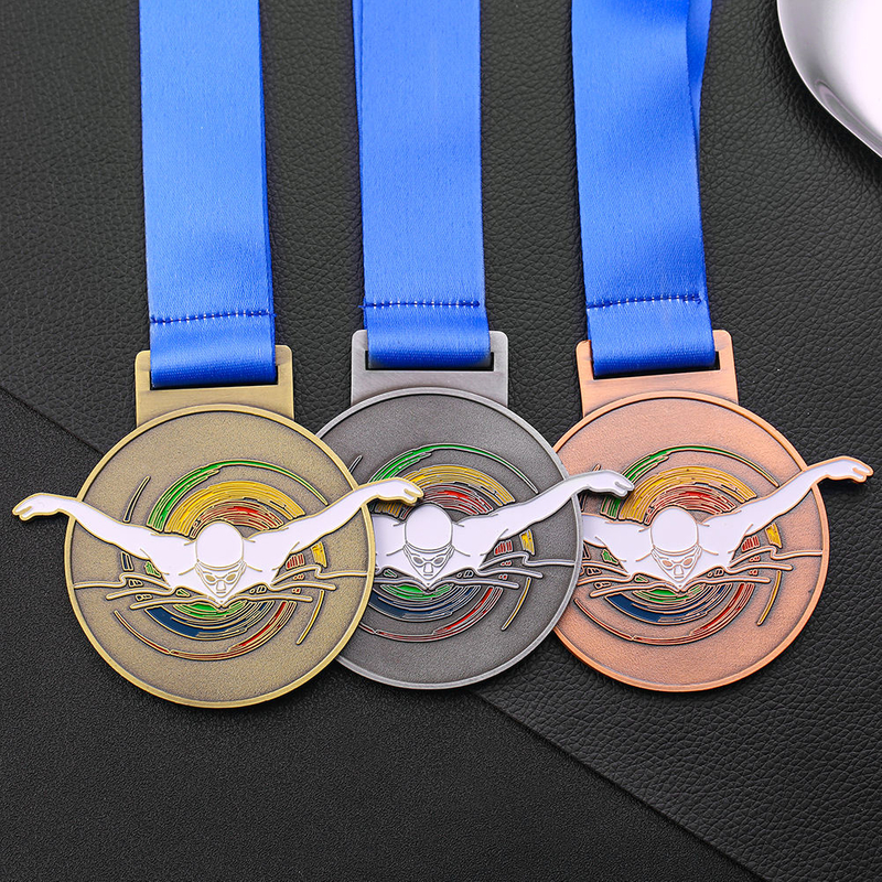 Custom Soft Enamel Gold Silver Copper Medal With Ribbon Swimming