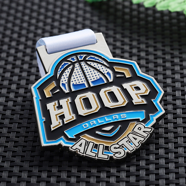 Customizable HOOP Dallas All - Star Colorful Enamel Basketball Medal with White Ribbon