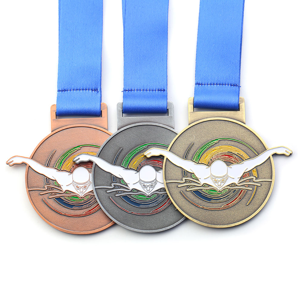 Custom Soft Enamel Gold Silver Copper Medal With Ribbon Swimming