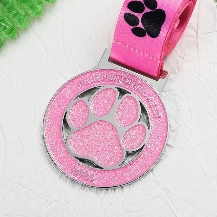 Custom Metal pink Glitter Ribbon cat Paw Race Medal