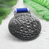 Customizable Low Cost Silver Toned Circular Ryder Cup Golf Medal with Textured Patterns and Blue White Ribbon