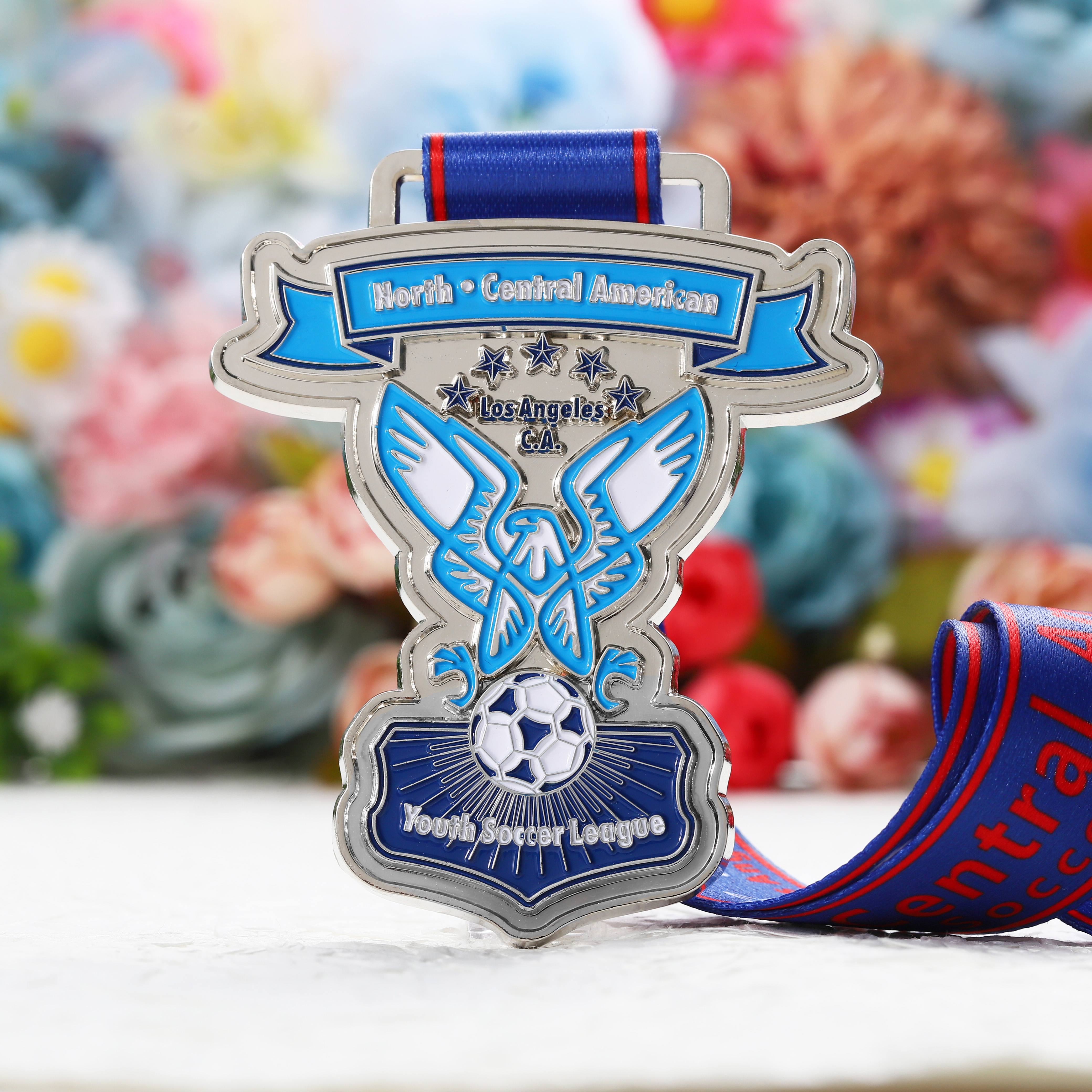 Custom Enamel Soccer Award Medal with Blue Ribbon Metal Gold Sliver Medal