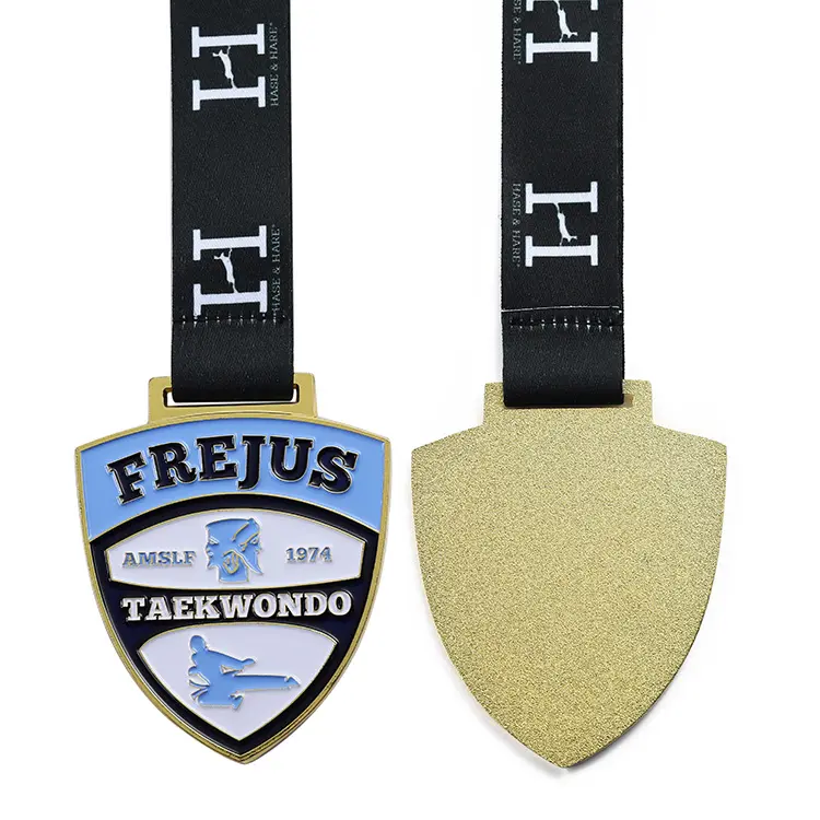 Custom Shield Shape Gold Sports World Champion Metal Taekwondo Award Medals With Ribbon