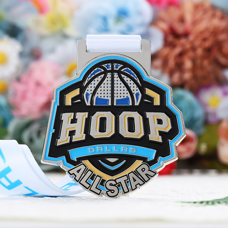 Customizable HOOP Dallas All - Star Colorful Enamel Basketball Medal with White Ribbon