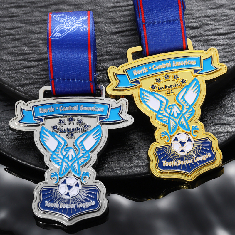 Custom Enamel Soccer Award Medal with Blue Ribbon Metal Gold Sliver Medal