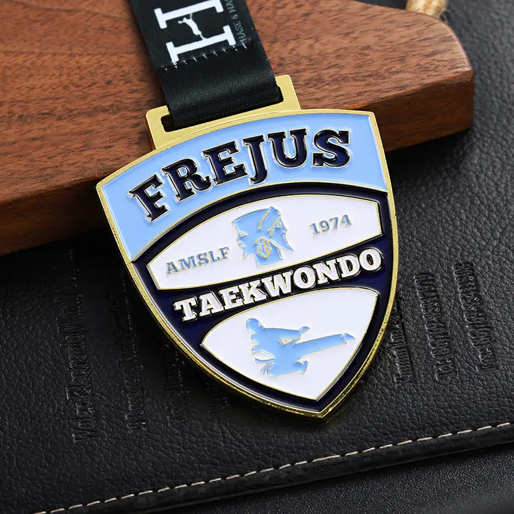 Custom Shield Shape Gold Sports World Champion Metal Taekwondo Award Medals With Ribbon
