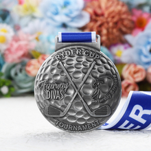 Customizable Low Cost Silver Toned Circular Ryder Cup Golf Medal with Textured Patterns and Blue White Ribbon