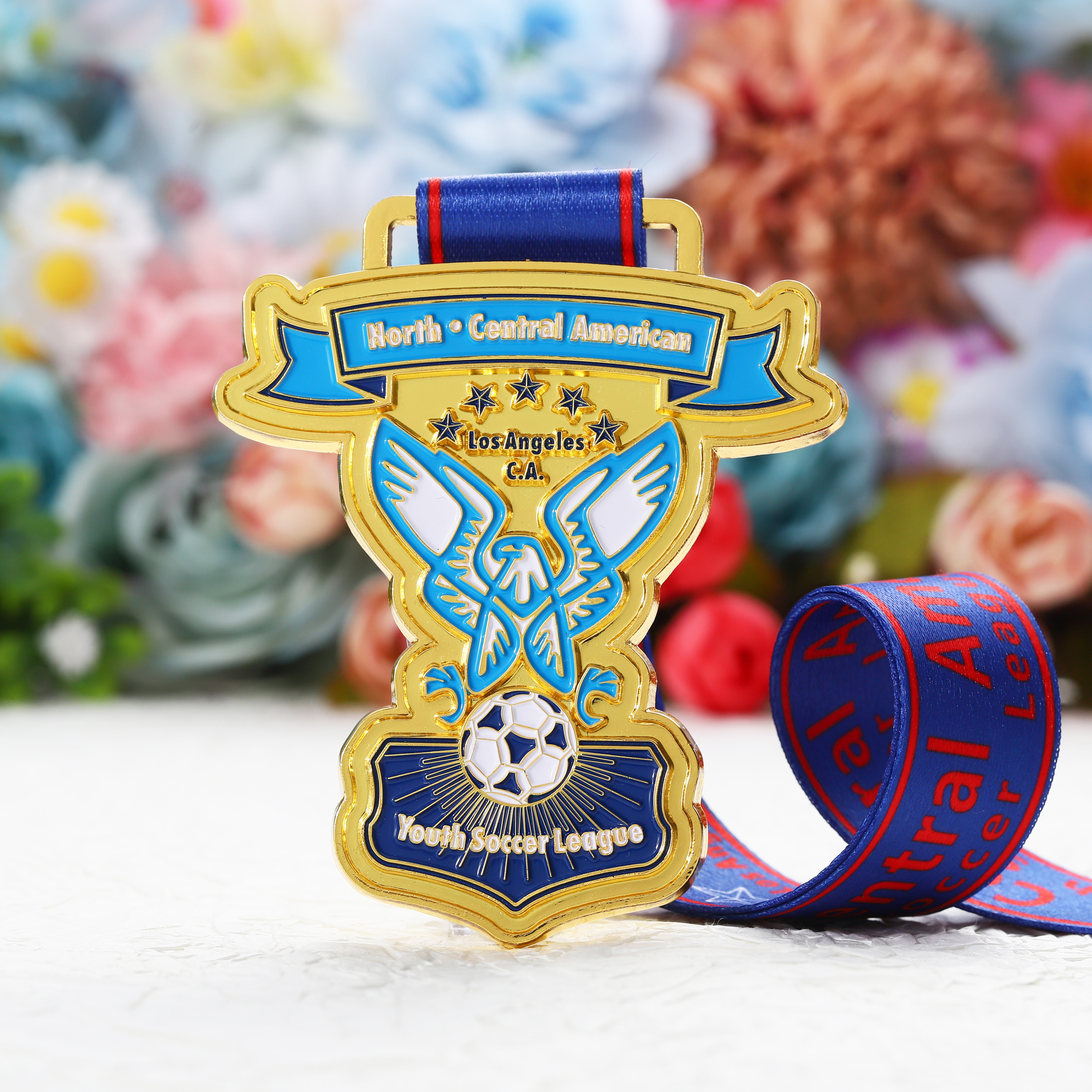 Custom Enamel Soccer Award Medal with Blue Ribbon Metal Gold Sliver Medal