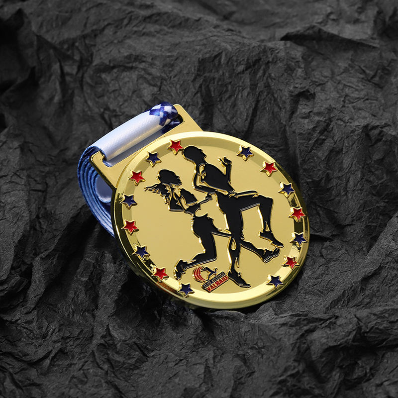 Metal Shiny Gold Club Stars Design Custom Cheap 5k Run Medals and Ribbon