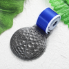 Customizable Low Cost Silver Toned Circular Ryder Cup Golf Medal with Textured Patterns and Blue White Ribbon
