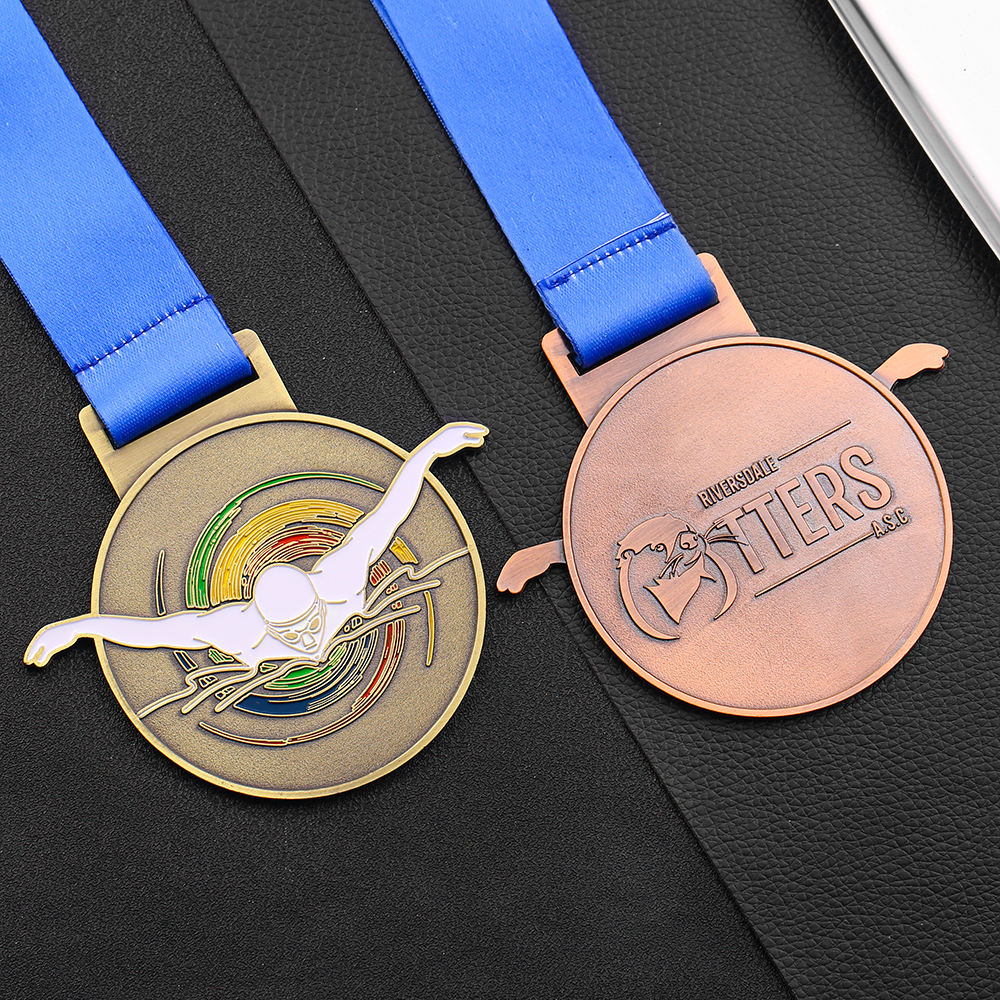Custom Soft Enamel Gold Silver Copper Medal With Ribbon Swimming