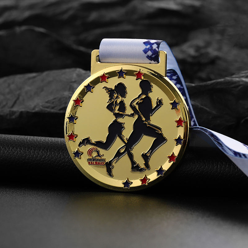 Metal Shiny Gold Club Stars Design Custom Cheap 5k Run Medals and Ribbon