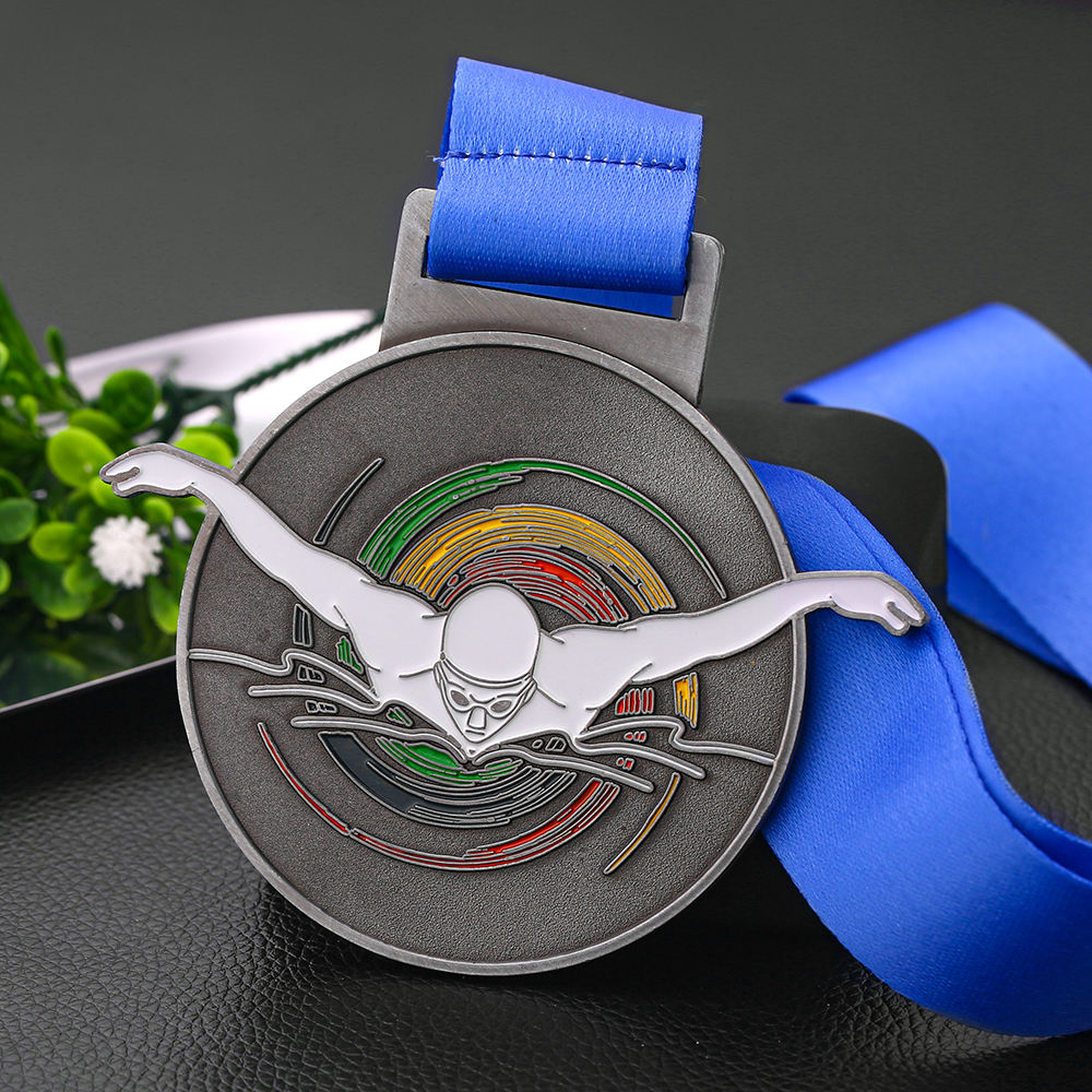 Custom Soft Enamel Gold Silver Copper Medal With Ribbon Swimming
