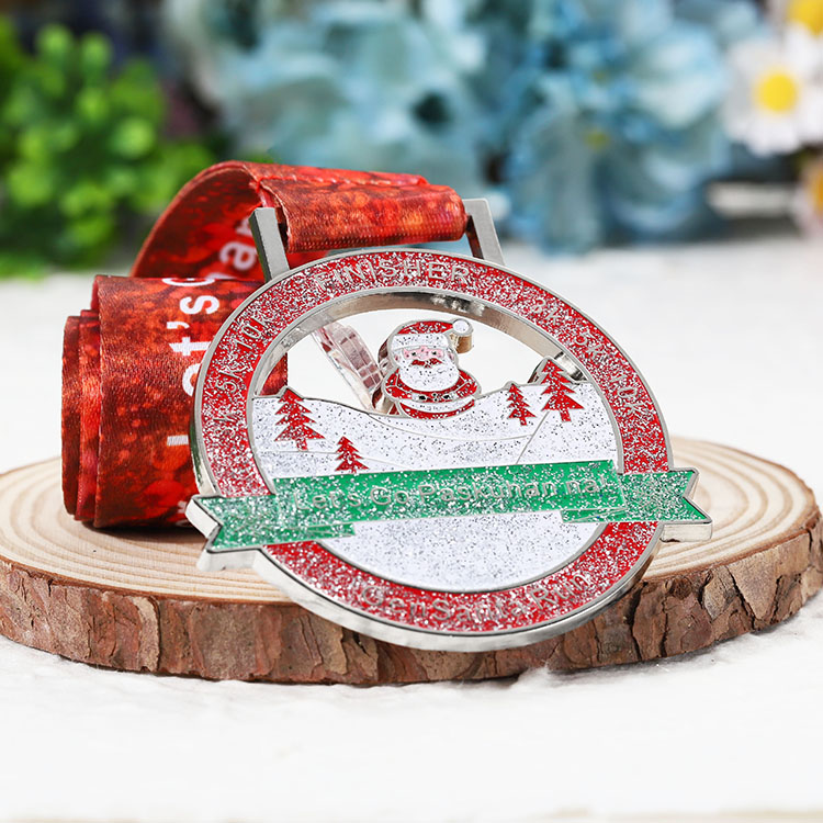 Custom Zinc Alloy Soft Enamel Hollow Shape Design Glitter Metal Santa Souvenir Christmas Medal