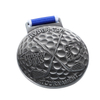 Customizable Low Cost Silver Toned Circular Ryder Cup Golf Medal with Textured Patterns and Blue White Ribbon