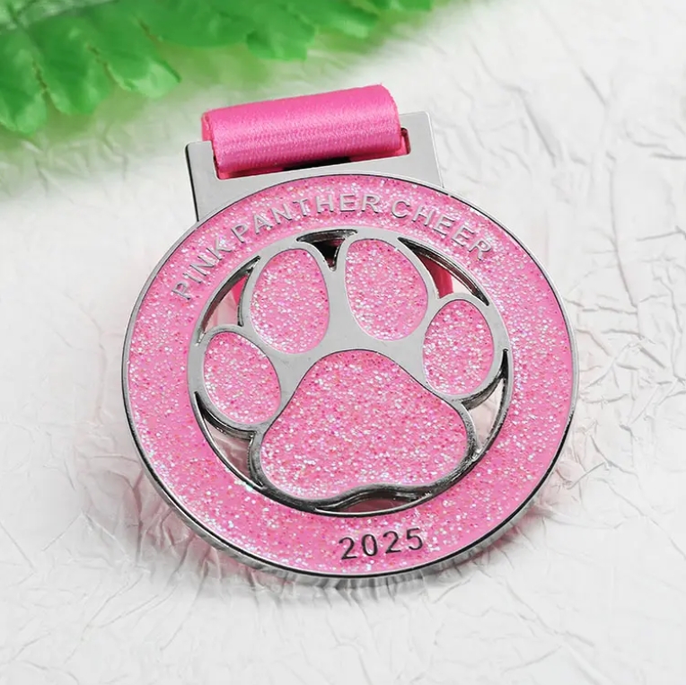Custom Metal pink Glitter Ribbon cat Paw Race Medal